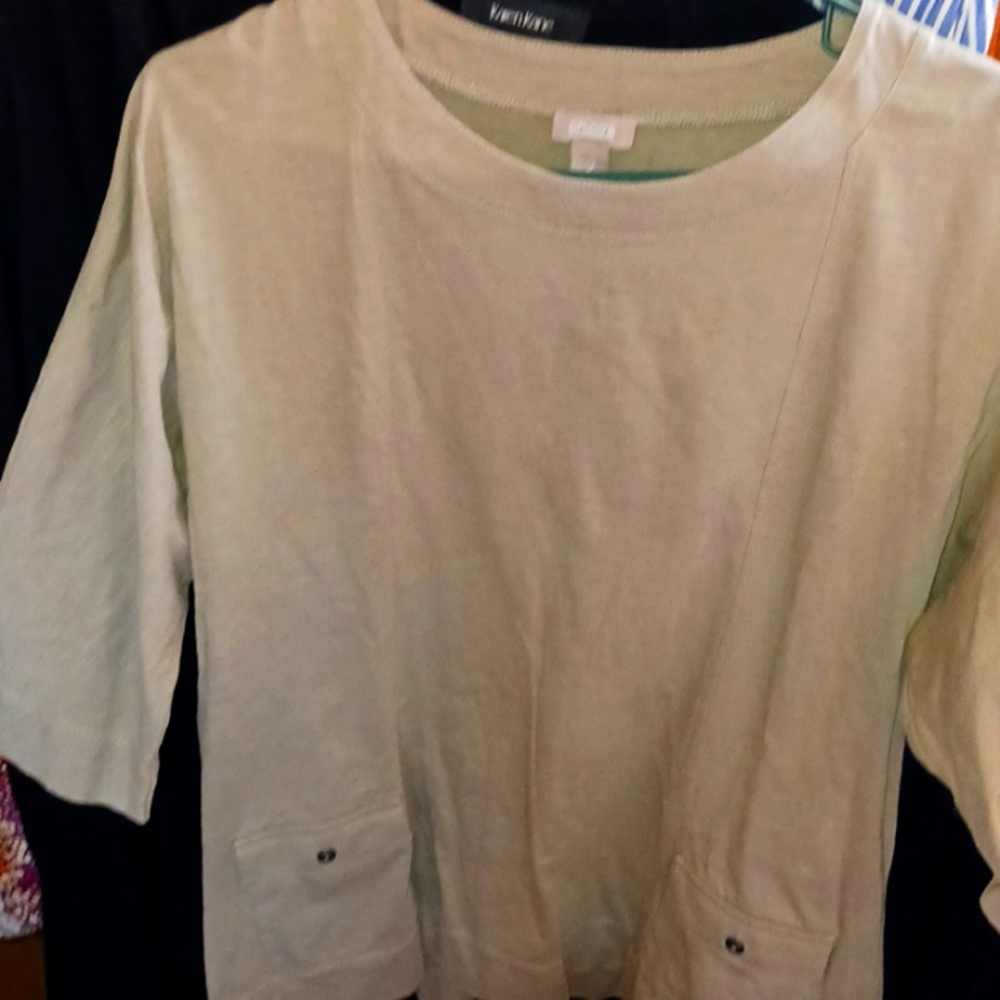 Chico’s size 2 Large light celery green top with 3/4 sleeves.  Hip length.